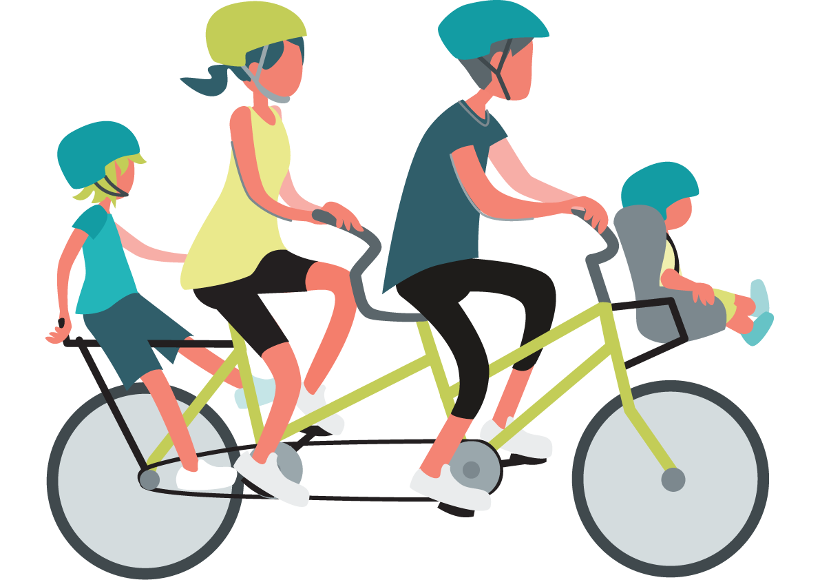 Eltern sitzen zusammen mit zwei Kindern auf einem Tandem-Fahrrad
