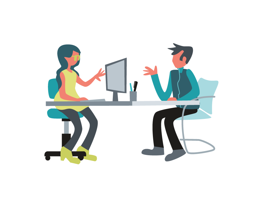 Grafik einer Beratungssituation mit einem Mann und einer Frau am Schreibtisch