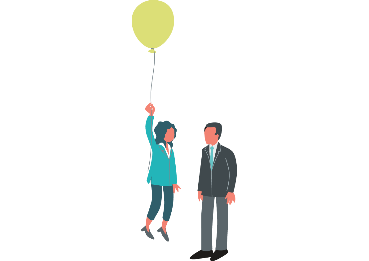 Ein großer Mann steht neben einer kleinen Frau, die an einem Luftballon hängend schwebt, so dass die beiden sich auf Augenhöhe anschauen