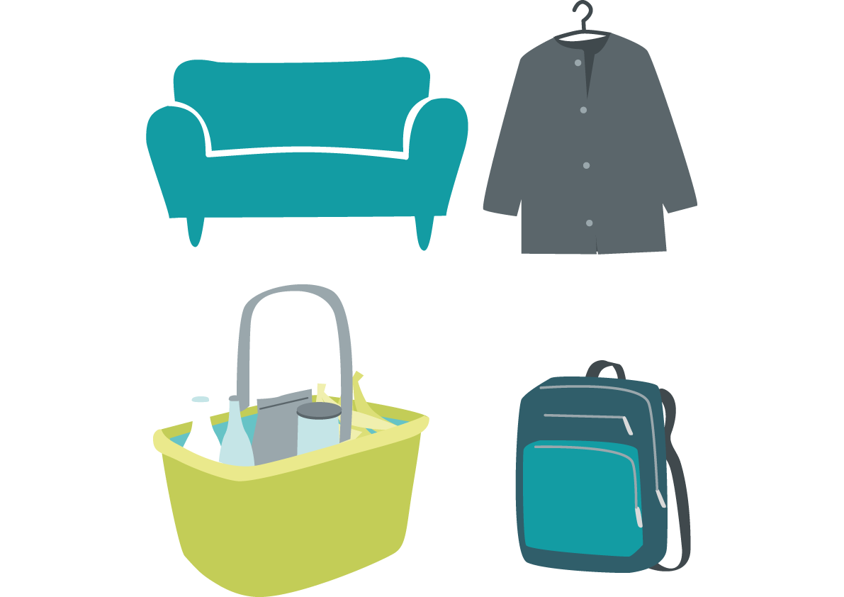 ein Sofa, eine Jacke, ein Korb mit Lebensmitteln, ein Rucksack
