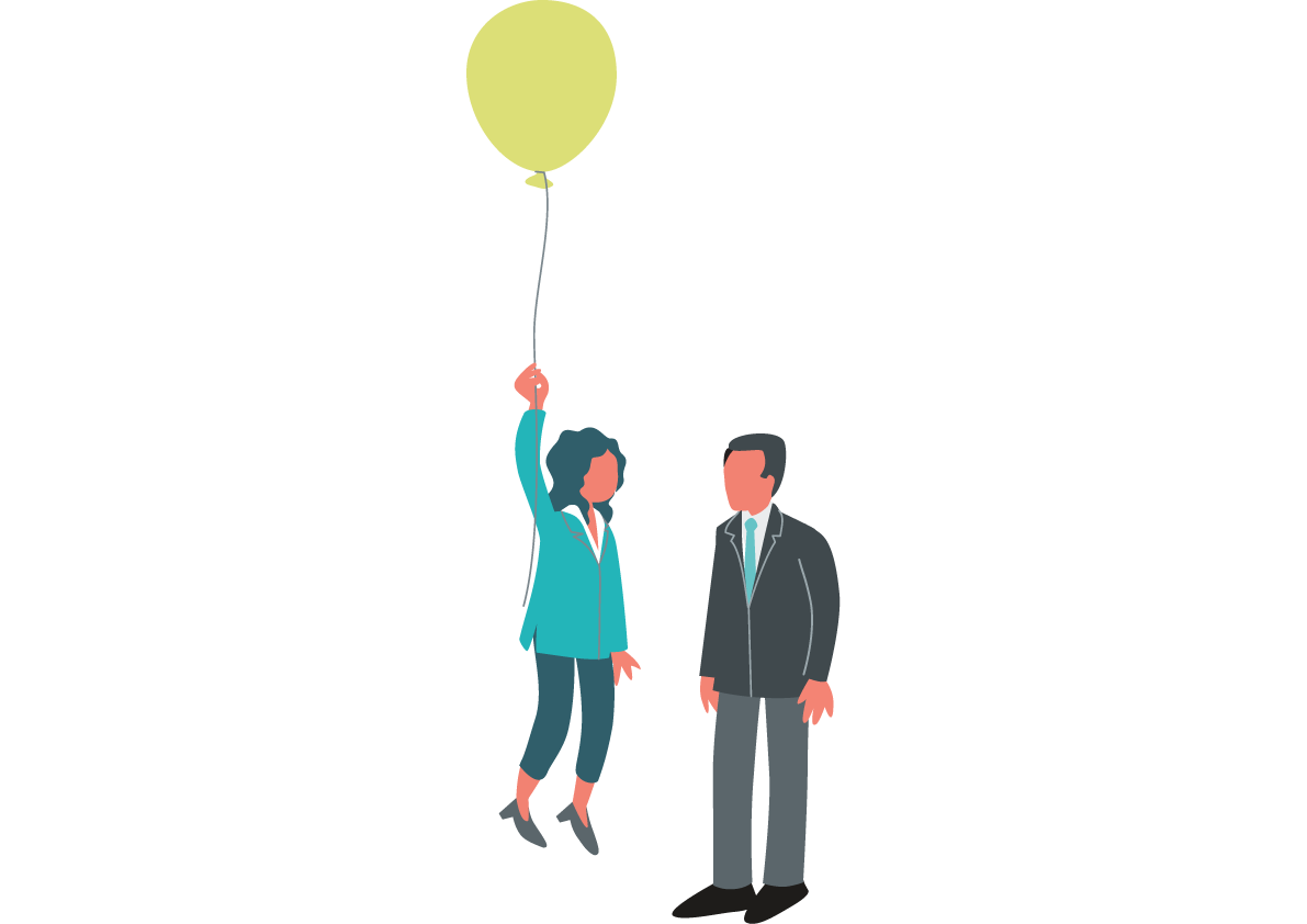 großer Mann steht neben kleiner Frau, die an einem Luftballon hängend schwebt