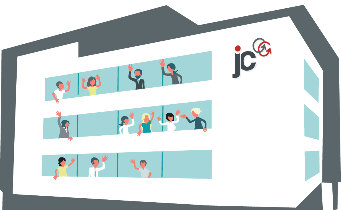 Grafik des Jobcenter-Gebäudes mit Menschen an den Fenstern