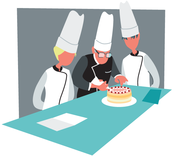 Grafik eines Mannes mit Kochmütze und zwei Auszubildenden